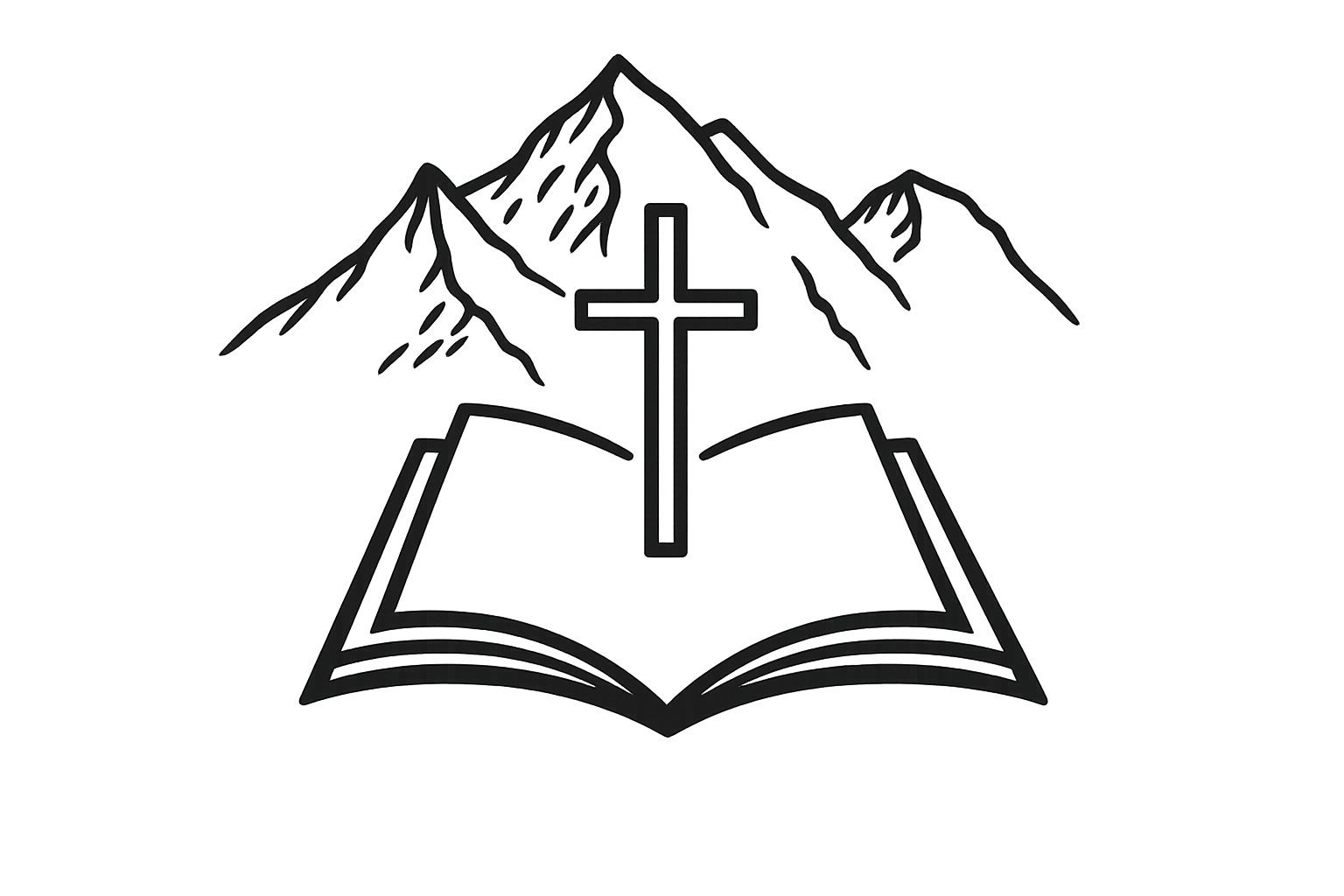 Logo der Christlichen Bücher-Stube: aufgeschlagenes Buch mit Kreuz vor Bergen